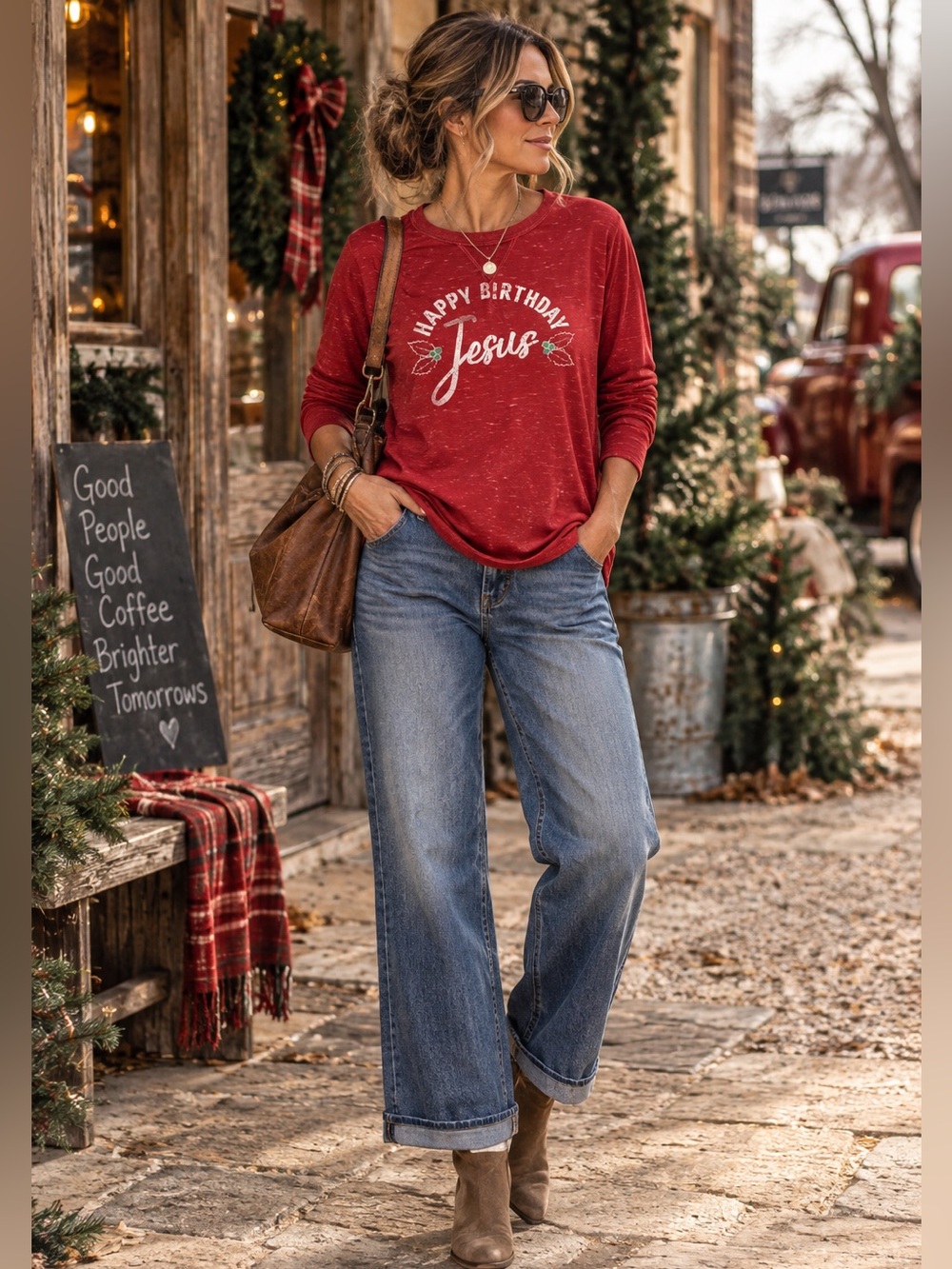 Signature Studio Red XL Happy Birthday Jesus Christmas Long Sleeve Graphic Top
